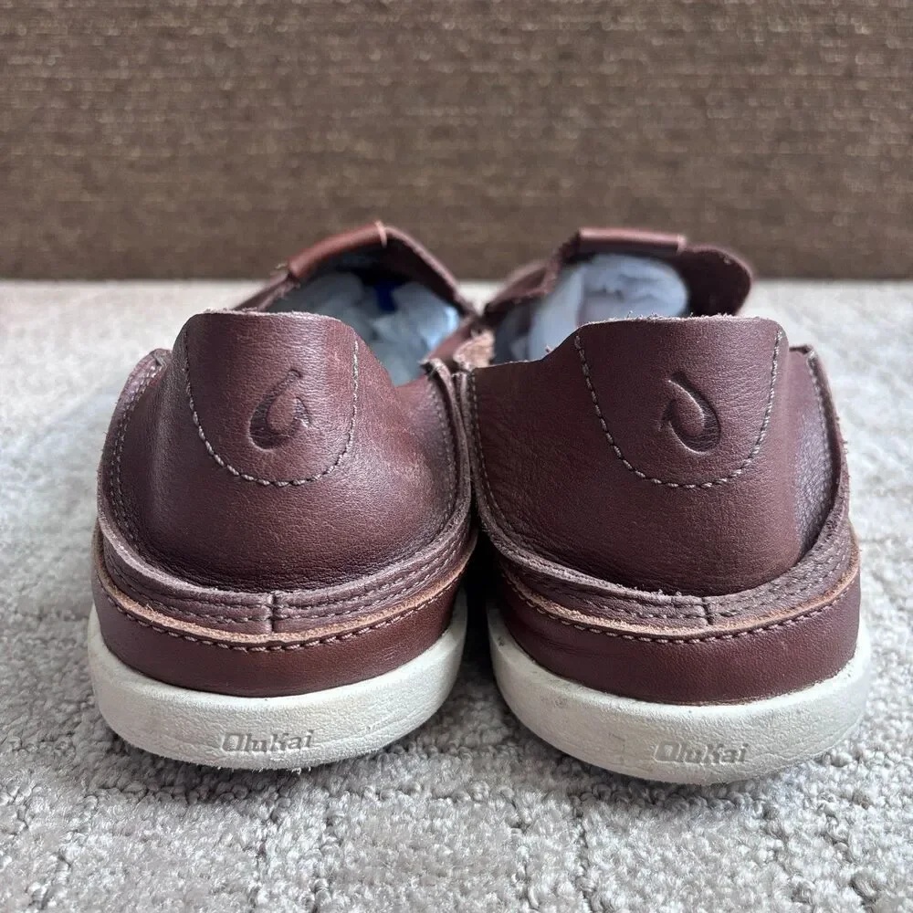 OluKai Nalukai Leather Slip On Shoes Men 12 Brown Loafer Preppy Casual Drop Heel
